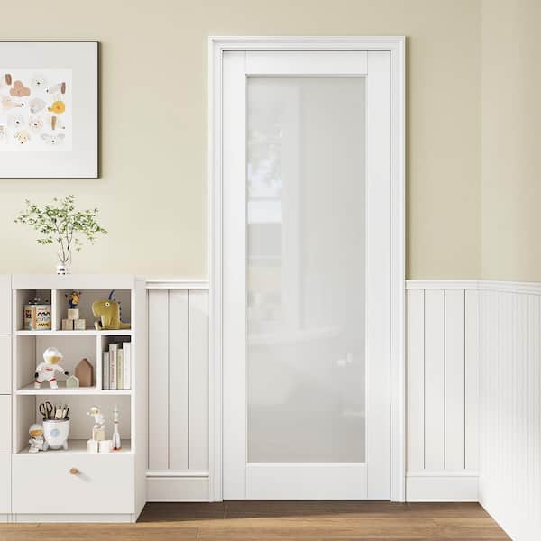 30 in. x 96 in. Solid Core MDF 1-Lite Tempered Frosted Glass and Manufacture Wood White Primed Interior Door Slab
