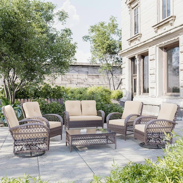 UPHA 6-Piece Wicker Patio Conversation Set Outdoor Chair Set with Swivel Rocking Chair and Beige Cushions