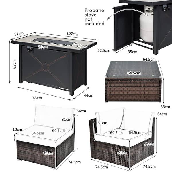 7 Piece Wicker Patio Conversation Set with 60000 BTU Fire Pit Table & Protective Cover & White Cushions
