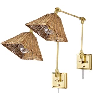 Gold Base Adjustable Swing Arm Wall Light with Dark Brown Rattan Shades (set of 2)