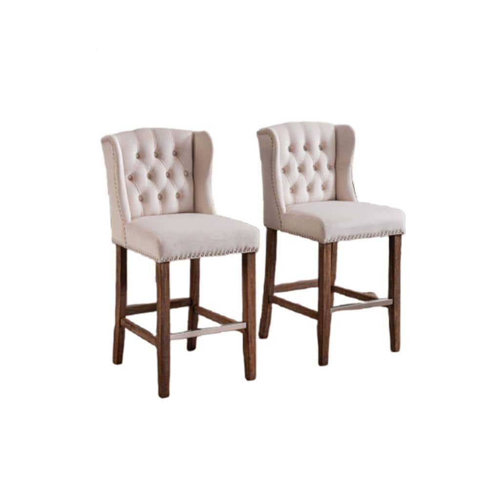27 in. Beige Wood Legs Wingback Upholstered Barstools with Nailhead-Trim an