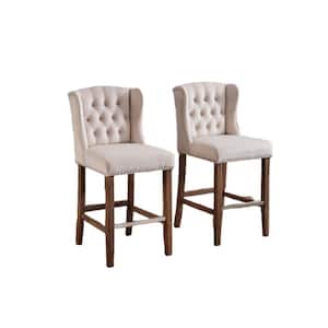 27 in. Beige Wood Legs Wingback Upholstered Barstools with Nailhead-Trim and Tufted Back, Breakfast Chairs (Set of 2)