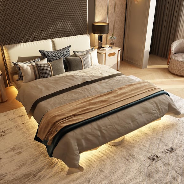 FUFU&GAGA White Wood Frame Queen Size Bed Platform Bed with Color-Changing LED Lights, App Control, Headboard