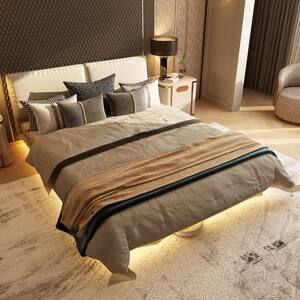 White Wood Frame Queen Size Bed Platform Bed with Color-Changing LED Lights, App Control, Headboard