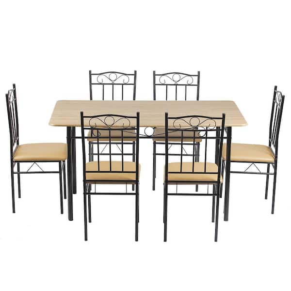 Homy Casa Norseman Beech with Rectangle Dining Table Upholstered PU Seat Dining Chair 7-Piece Dining Set