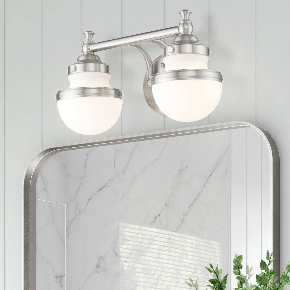 Sleek Industrial Brushed Nickel 2-Light Vanity with Satin Opal White Glass