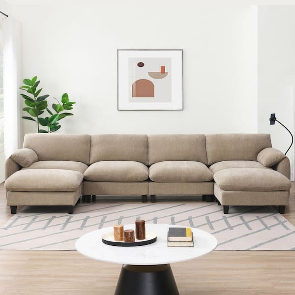 140 in. Modular L-Shape Chenille Sectional Sofa in Khaki with USB Type-C Charger, Phone Holder and Movable Ottoman