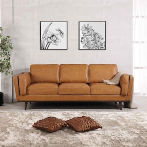 Austin 91 in. W Square Arm Genuine Leather Mid Century Modern Rectangle Living Room Sofa in Brown