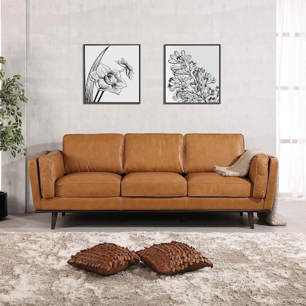 Ashcroft Furniture Co Austin 91 in. W Square Arm Genuine Leather Mid Century Modern Rectangle Living Room Sofa in Brown
