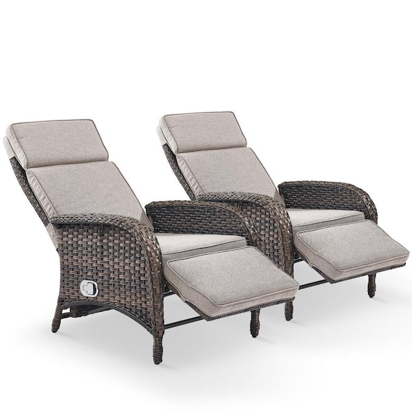 2-Pack Brown Wicker Outdoor Pneumatic Pump Gravity Adjustable Recliner for Patio with CushionGuard Beige Cushions