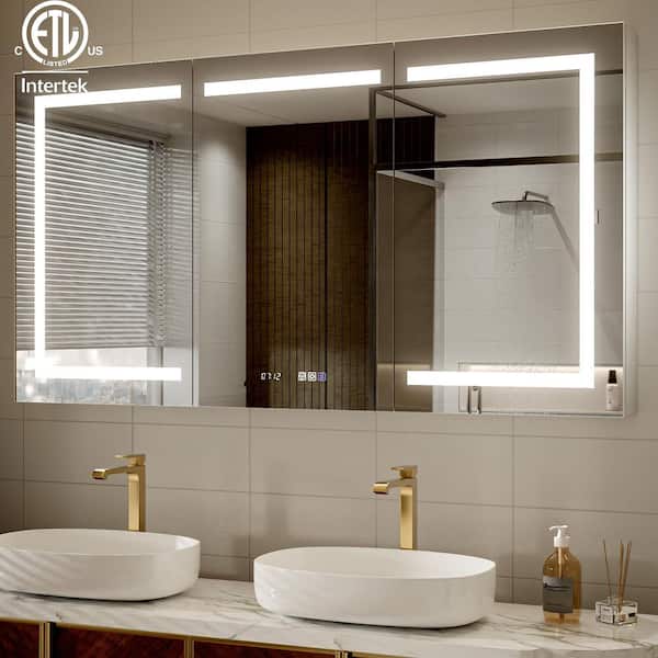 Lonni 60 in. W x 32 in. H Rectangular Silver Aluminum Recessed/Surface Mount LED Medicine Cabinet with Mirror And Clock