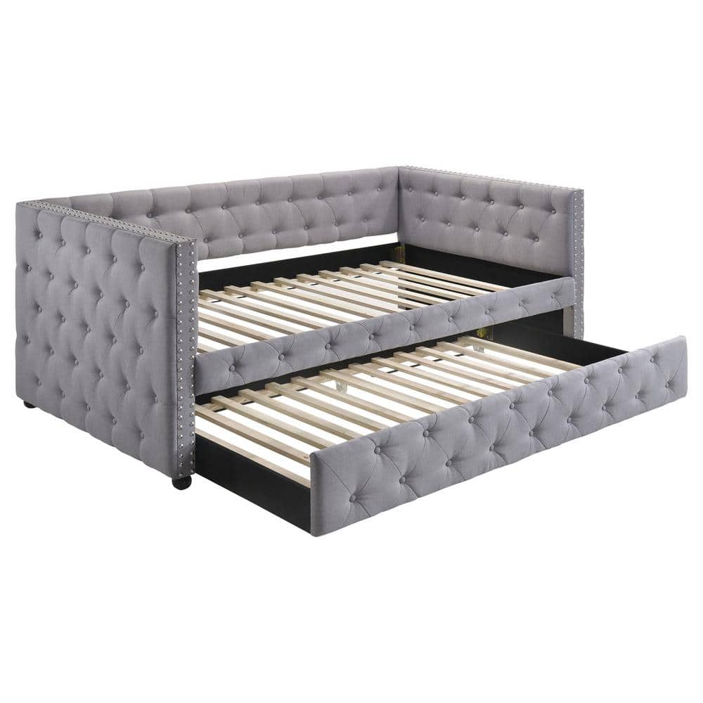 Gray Linen Twin Daybed with Tufted Upholstery and Drawer