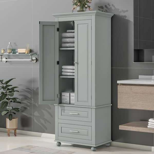 15.70 in. W x 24.00 in. D x 62.50 in. H Gray Tall Storage Linen Cabinet with 2 Drawers for Bathroom, Office