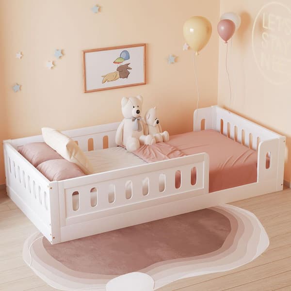 White Wood Frame Twin Size Platform Bed with Guardrail