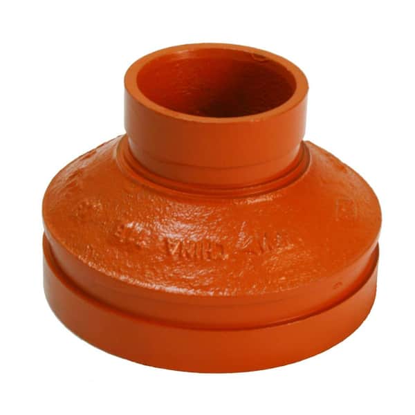 The Plumber's Choice 4 in. x 3 in. Grooved Reducer Fitting, Ductile Iron, Joins Pipes in Wet and Dry Systems, Full Flow in Orange