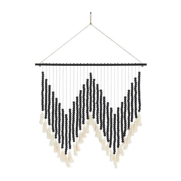 Litton Lane 26 in. x  35 in. Wood Black Beaded Macrame Wall Decor with Fringe Tassels
