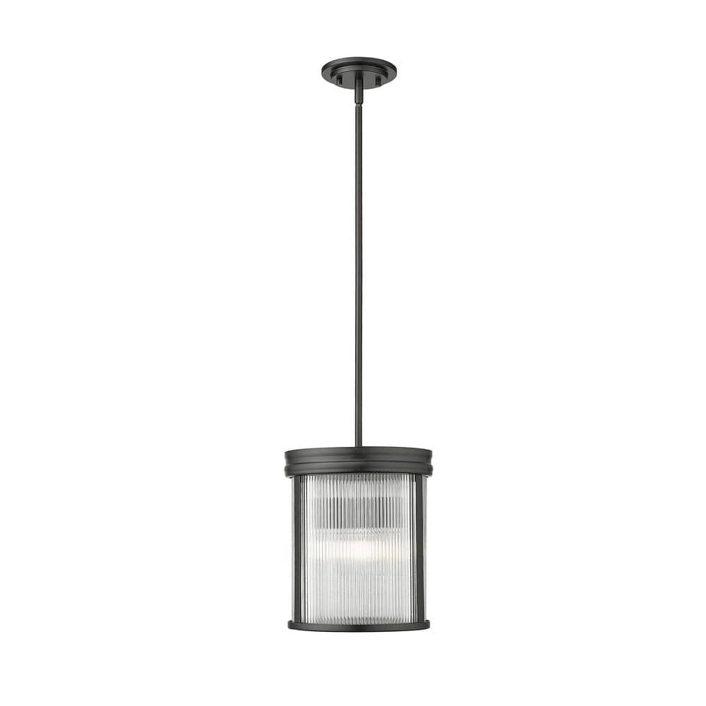 Carnaby 10 in. 3-Light Matte Black Shaded Pendant Light with Clear Ribbed G