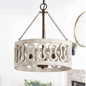 Vaccari Farmhouse Rustic 3-Light Distressed White Wood Ceiling Light Drum Shade Wood Chandelier
