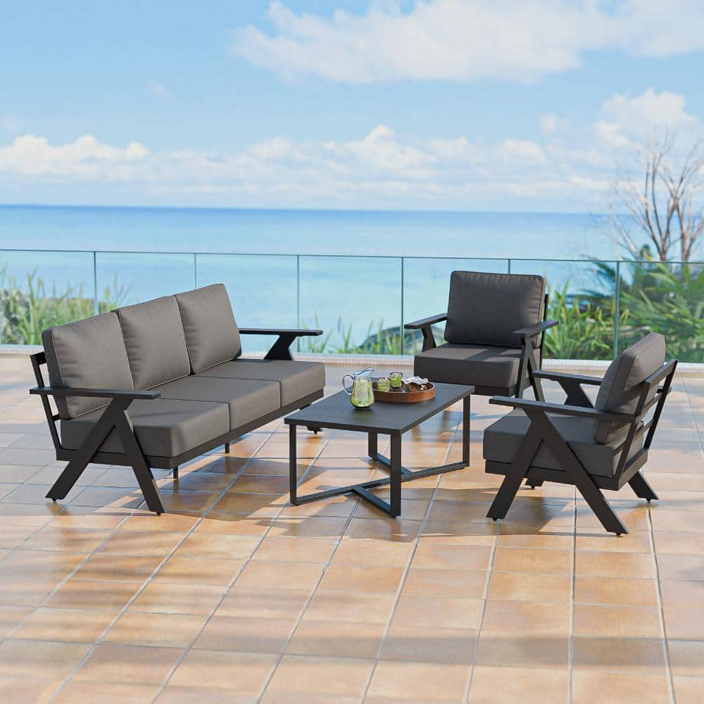 Aluminum Patio Conversation Set of 3 w/ Patio Armchair, Coffee Table & 3-Seat Couch Metal Adjustable Leg for Pool, Gray