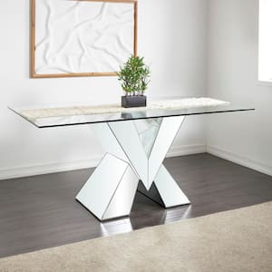 Glass Double Pedestal Silver Dining Table with Silver X-Shaped Base, 6-Seater