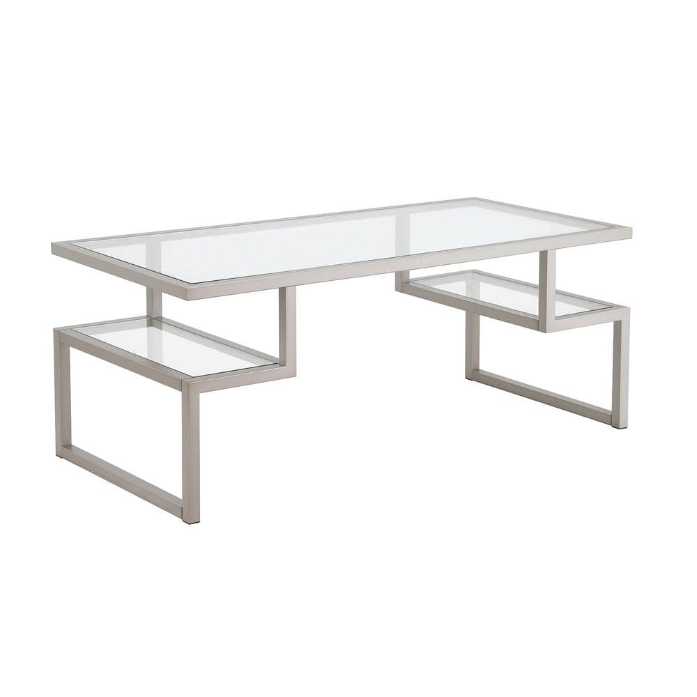 Zander Nickel Finish Rectangular Coffee Table with Tempered Glass Top