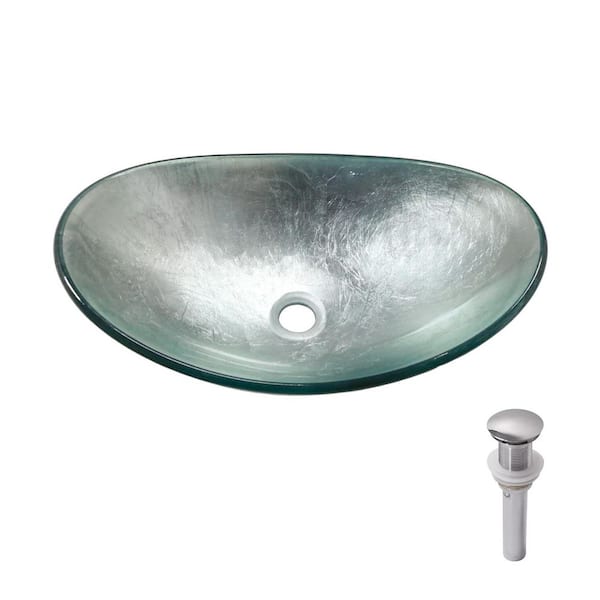 21.5 in. Artistic Tempered Glass Vessel Bathroom Sink in Silver with Chrome Pop-Up Drain, Boat Shape