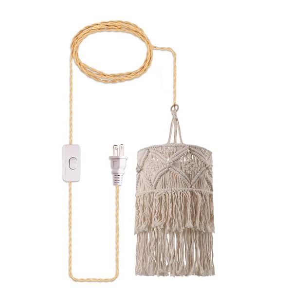 Briignite 1-Light White Pendant Light Bohemian with Adjustable Macrame Rattan Shade, Plug-In and Adjustable Height