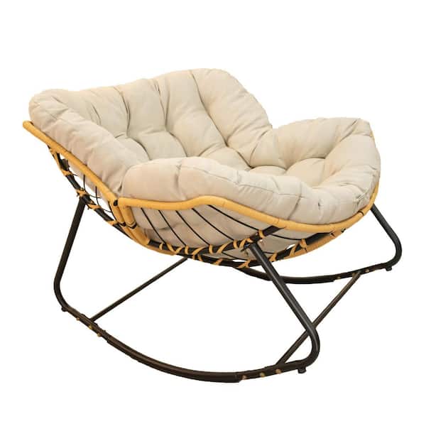 Outdoor Patio Wicker Leisure Egg Shape Outdoor Rocking Chair with Beige Cushion