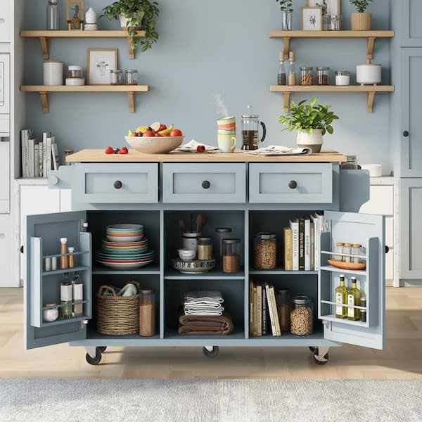 Runesay Blue Rubberwood Drop-Leaf Countertop 53.1 in. Kitchen Island Cart with Cabinet Door Internal Storage Racks and 3-Drawer