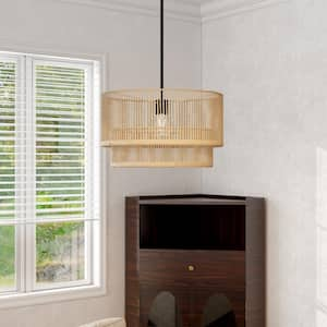 21.5 in 1-Light Beige Natural Adjustable Rattan Double Drum Pendant Light With 2-Tier Natural Rattan Shades