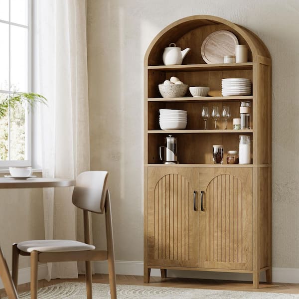 Eulas 70.8 in. Tall Brown Engineered Wood 8-Shelf Standard Arched Bookcase Bookshelf with Cabinet Door