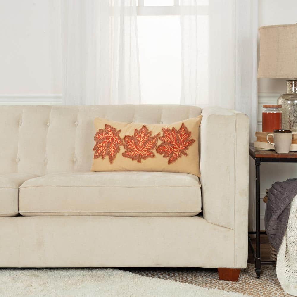 Rust Embroidered Oak Leaves Lumbar Throw Pillow
