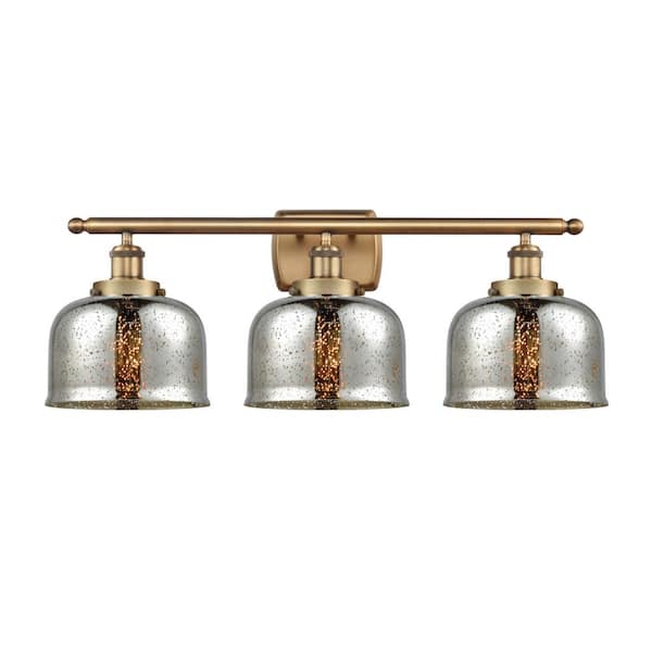 Innovations Bell 28 in. 3-Light Brushed Brass, Silver Plated Mercury Vanity Light with Silver Glass Shade