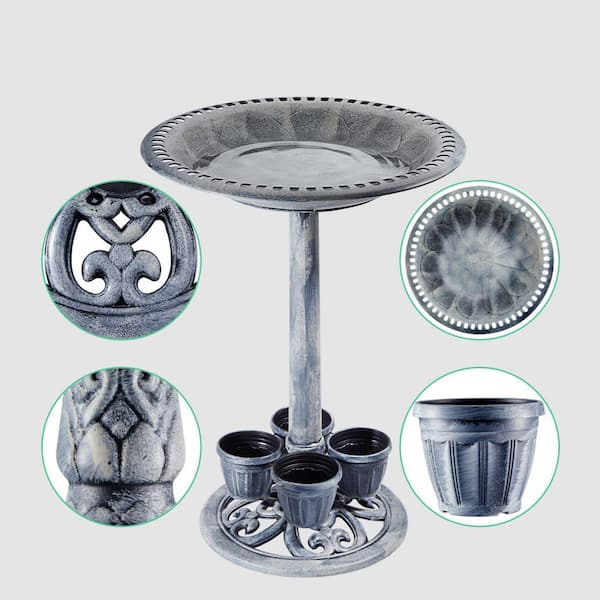 28in Gray Polyresin Bird Bath for Outside with 4 Removable Flower Planters, Feeder Yard Garden Decor