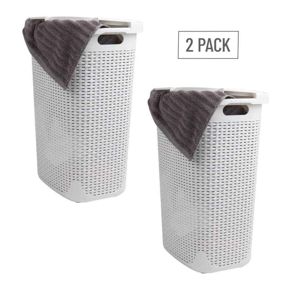 White Plastic Wicker Style Upright Hamper with Lid for Kids
