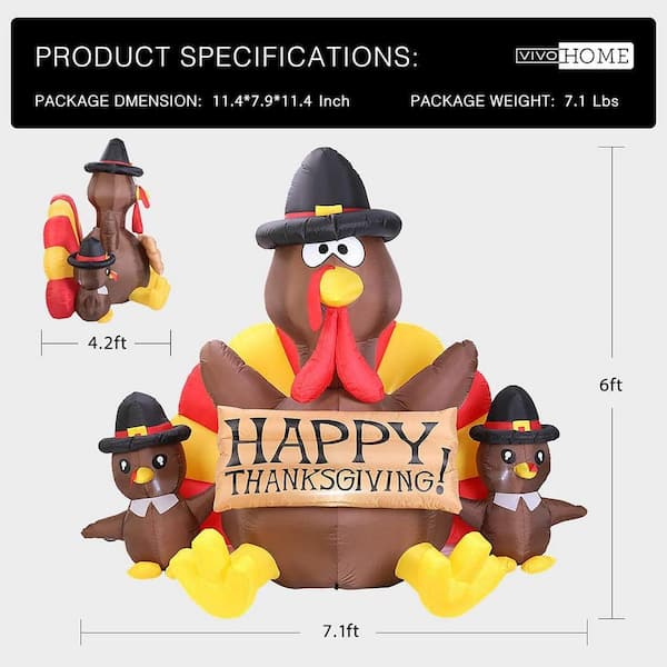 Details about   VIVOHOME 5'x7' Inflatable Turkey LED Airblown Thanksgiving Outdoor Yard Decor US 