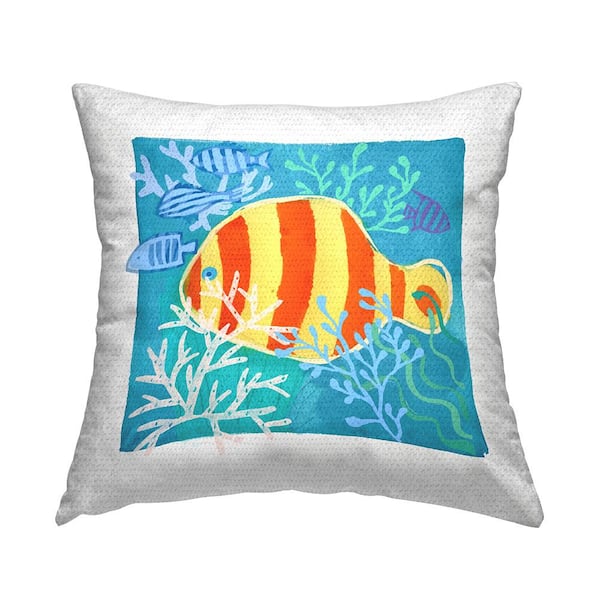 Red and Yellow Fish Underwater Blue Square Outdoor Throw Pillow