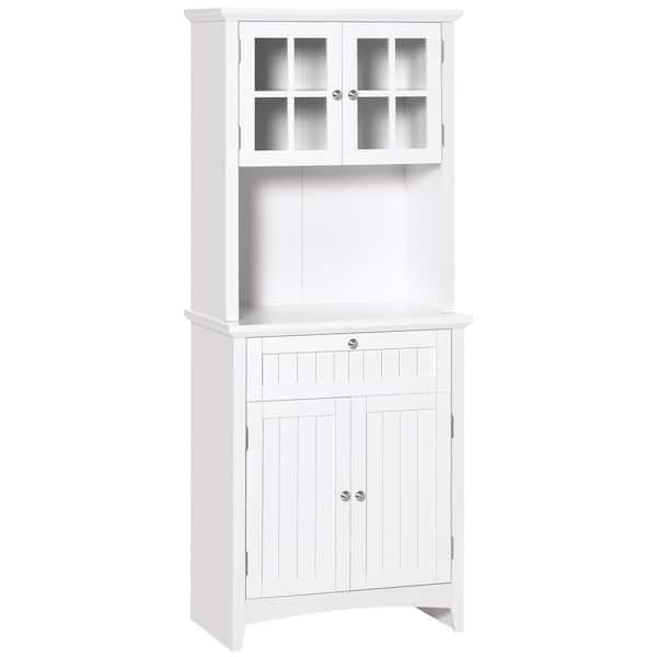 COWLOWN 64.5 in. H White Wood Pantry Organizer with Framed Glass Door Drawer and Microwave Space