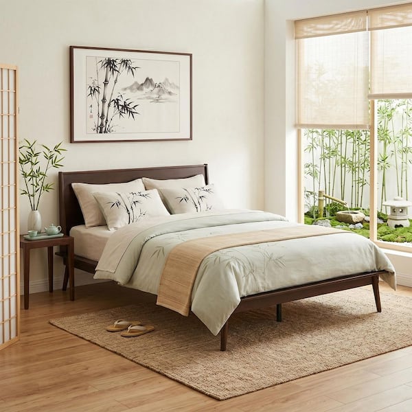 Chocolate(Dark Brown) Wood Frame Queen Size Solid Bamboo Platform Bed with Reinforced Support, Easy Assembly