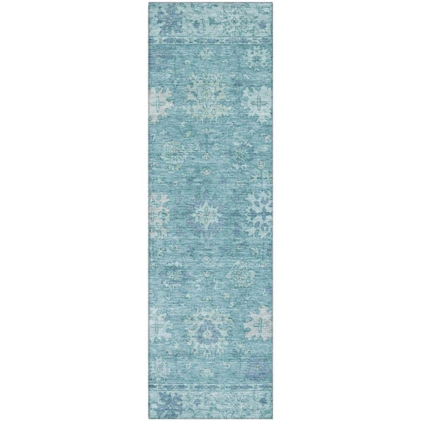 Mayfield Premium Machine Washable Abstract AMF2051 Teal 2 ft. x 7 ft. Runner Rug