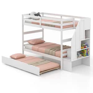 White Twin over Twin Wooden Bunk Bed w/Trundle Storage Stairs Convertible