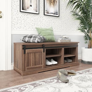 Barnwood Storage Bench with a Sliding Door and Adjustable Shelf in Entryway 18.00 in. H x 46.70 in. L x 15.60 in. W