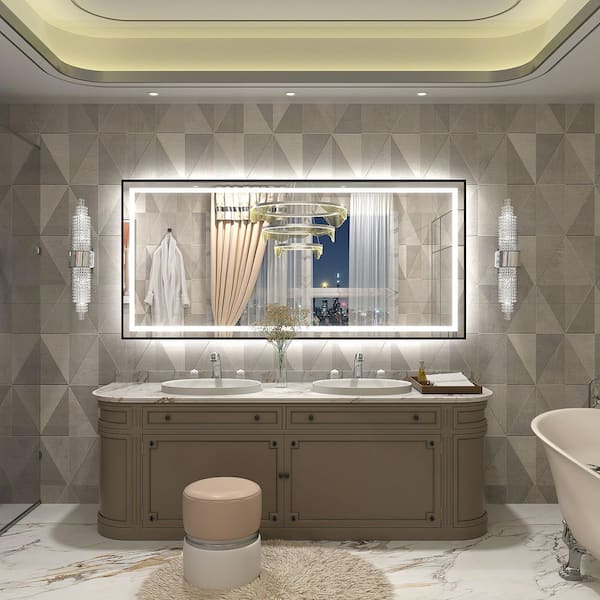 60 in. W x 28 in. H Rectangular Framed Front and Back LED Lighted Anti-Fog Wall Bathroom Vanity Mirror in Tempered Glass