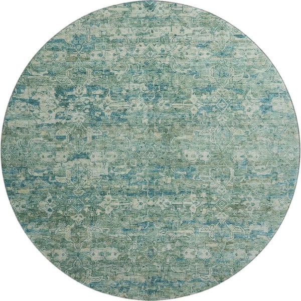 Mayfield Premium Machine Washable Abstract AMF2324 Teal 8 ft. x 8 ft. Round Rug