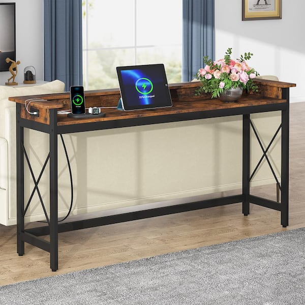 Turrella 70.9 in. Brown Extra Long Sofa Console Table with Outlets and USB Ports, Industrial