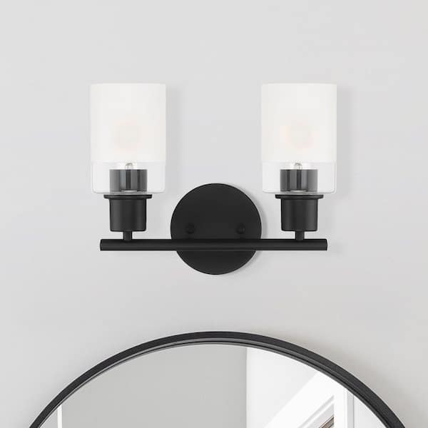 Cedar Lane 13 in. 2-Light Matte Black Modern Vanity Light with Clear and Etched Glass Shades