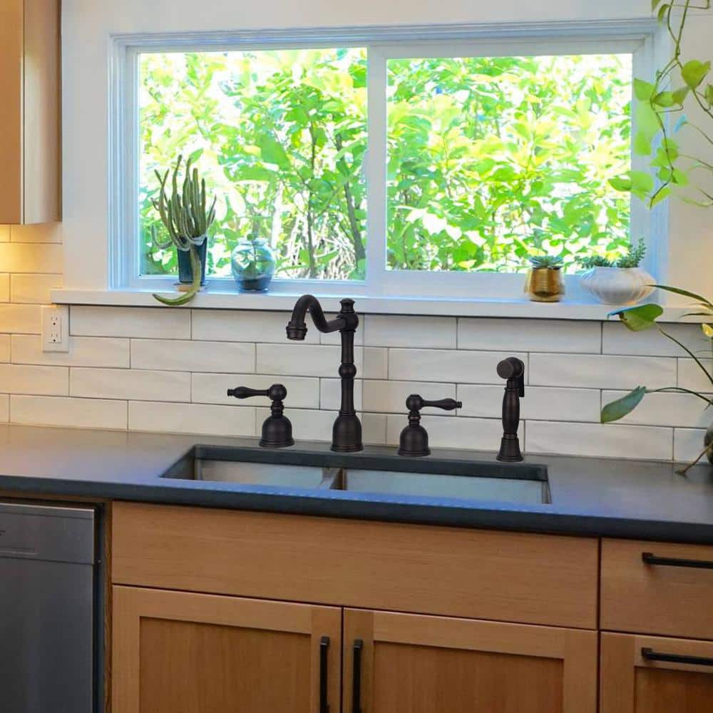 Oil Rubbed Bronze Kitchen Faucet with Side Spray and Lever Handles