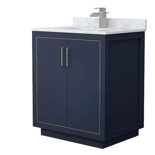 Wyndham Collection Icon 30 in. W x 22 in. D x 35 in. H Single Bath Vanity in Dark Blue with White Carrara Marble Top