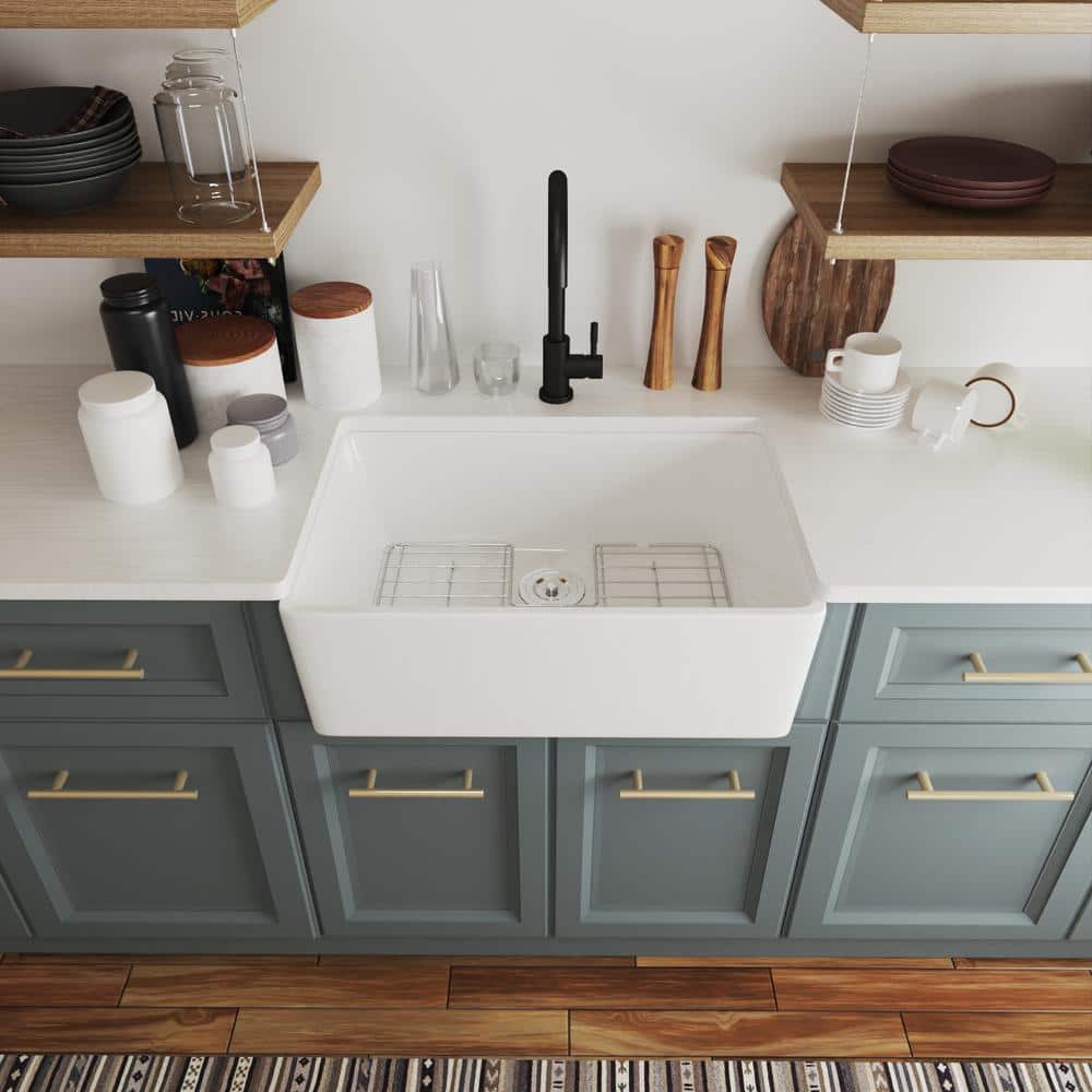 Perch 24" White Ceramic Farmhouse Apron Kitchen Sink