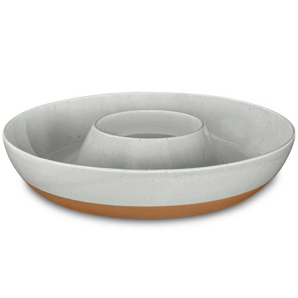 11 in. Gray Ceramic Chip and Dip Tray, Divided Serving Bowl Set for Snacks, Entertaining and Hosting with Modern Design